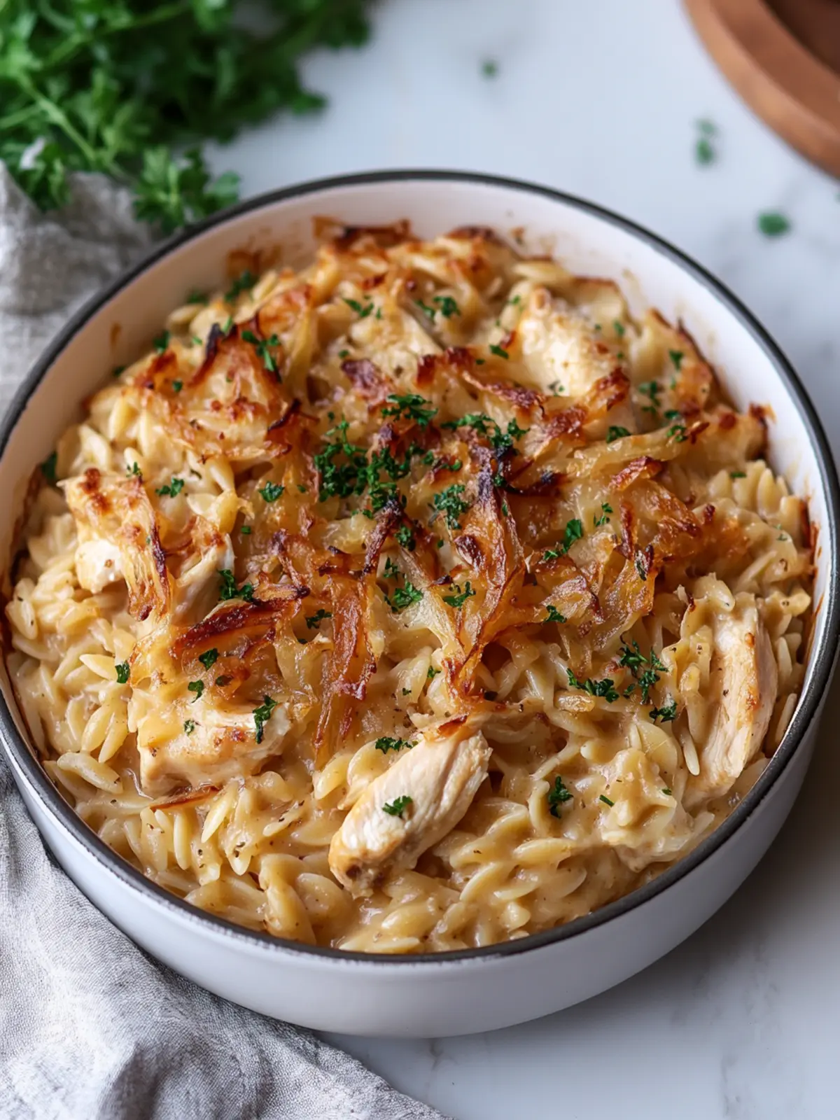 Savor French Onion Chicken Orzo Casserole with Cozy Flavors 3 French Onion Chicken Orzo Casserole