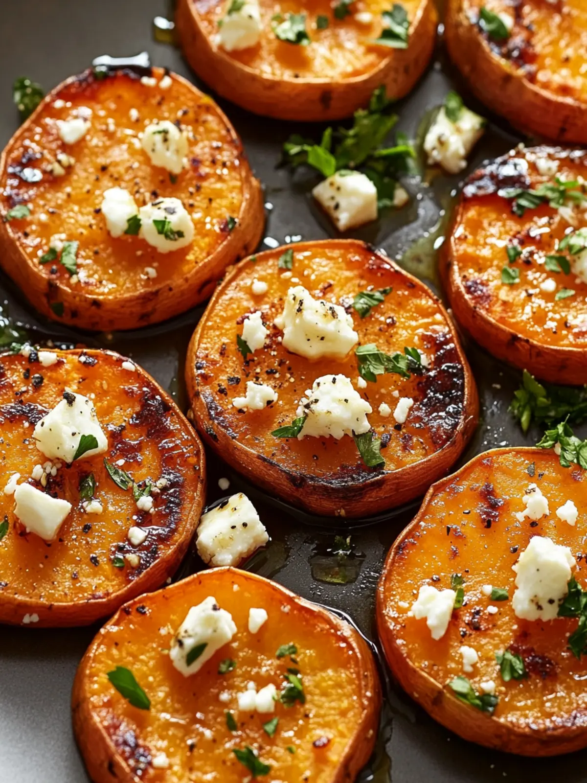 Sweet and Savory Roasted Sweet Potato Rounds with Honey & Feta 3 Roasted Sweet Potato Rounds with Honey & Feta