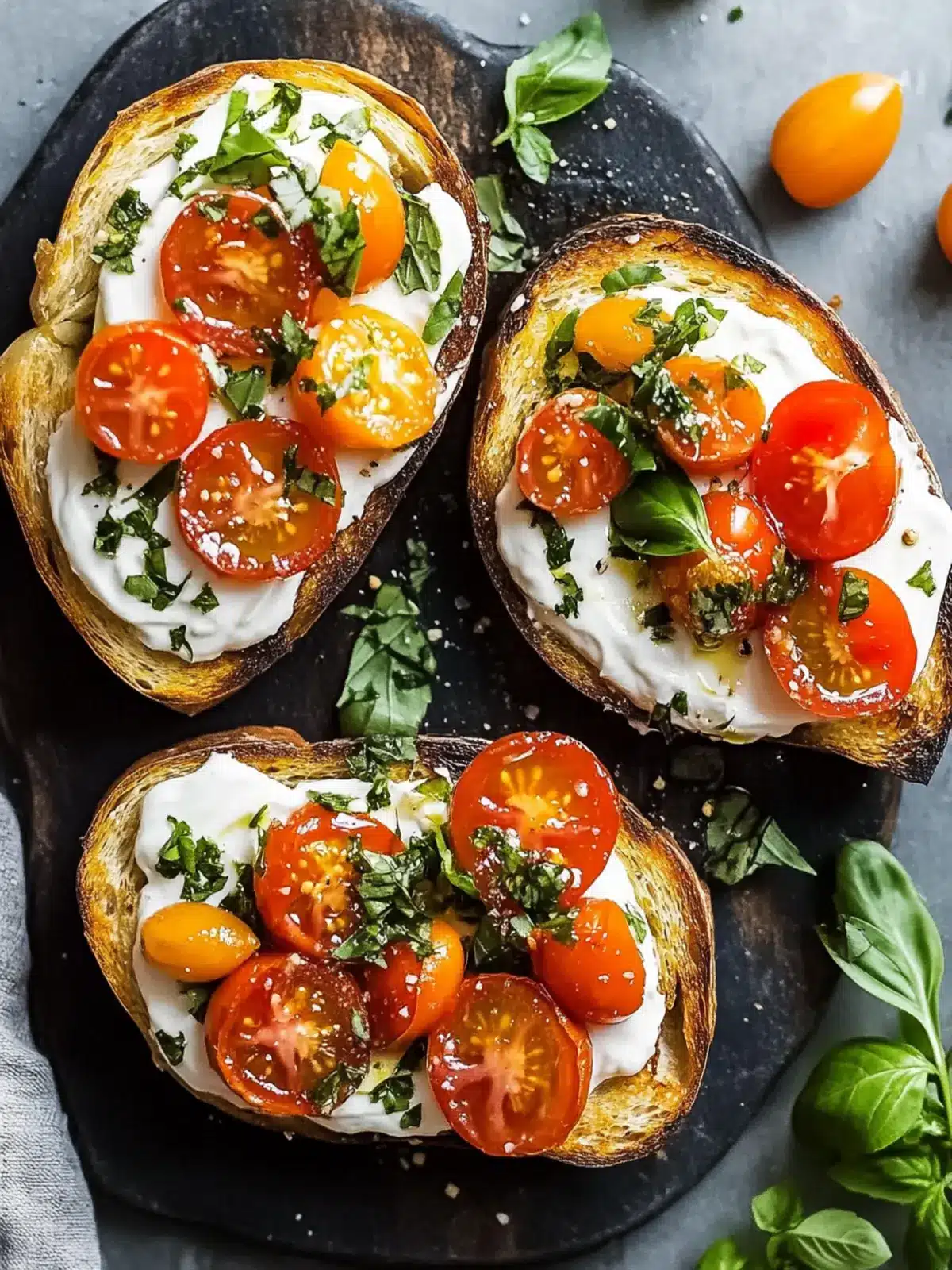 Marinated Tomato Toast with Creme Fraiche & Fresh Herbs Bliss 4 Marinated Tomato Toast with Creme Fraiche & Fresh Herbs Bliss