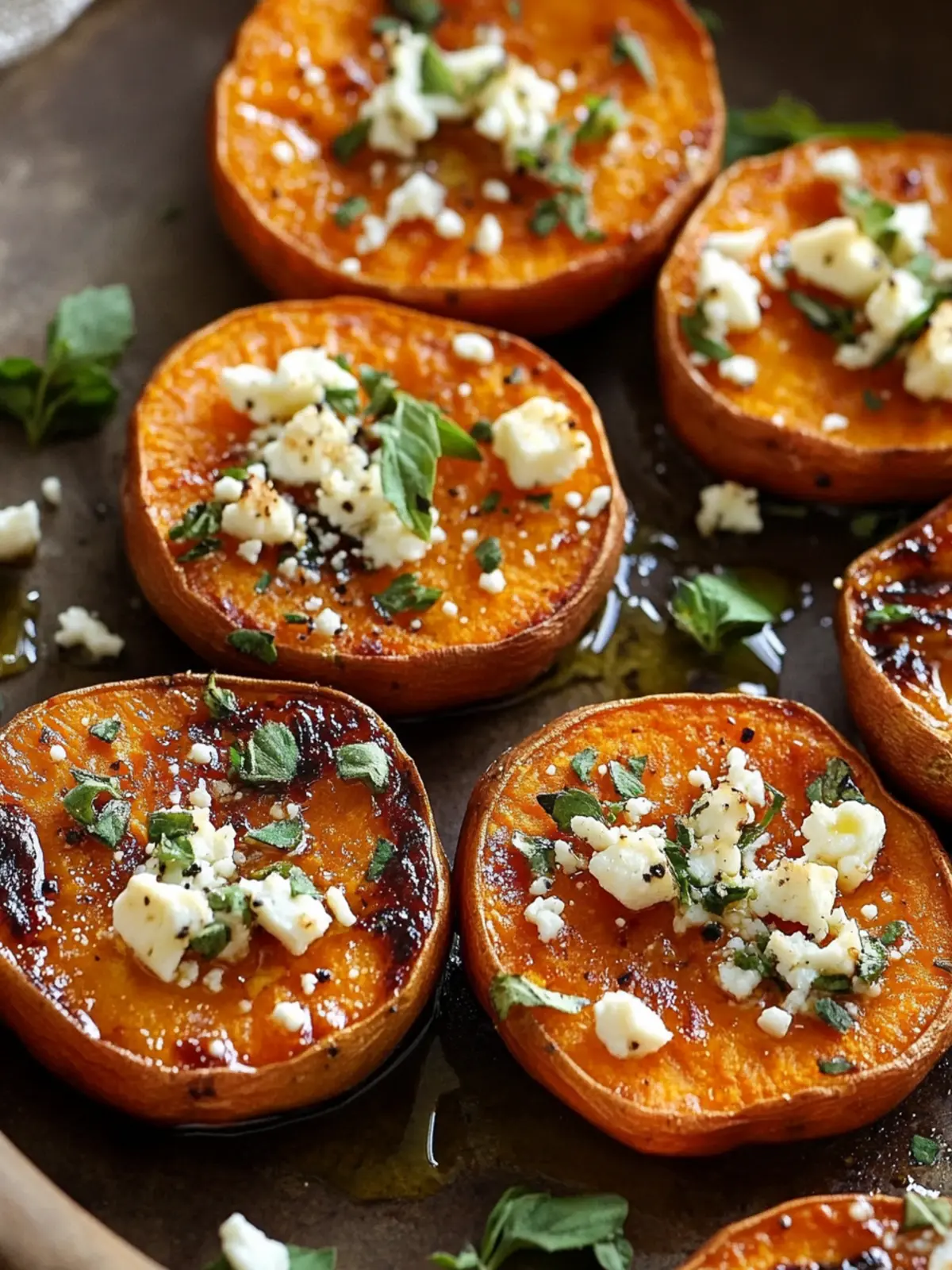 Sweet and Savory Roasted Sweet Potato Rounds with Honey & Feta 2 Roasted Sweet Potato Rounds with Honey & Feta