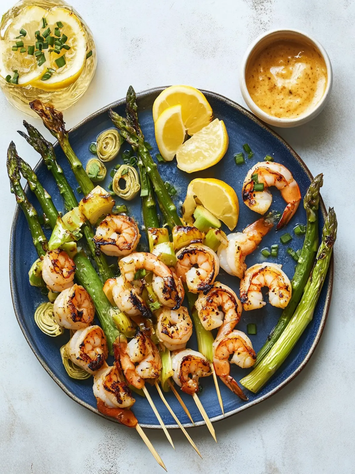 Charred Shrimp, Leek and Asparagus Skewers with Zesty Sauce 2 Charred Shrimp, Leek and Asparagus Skewers