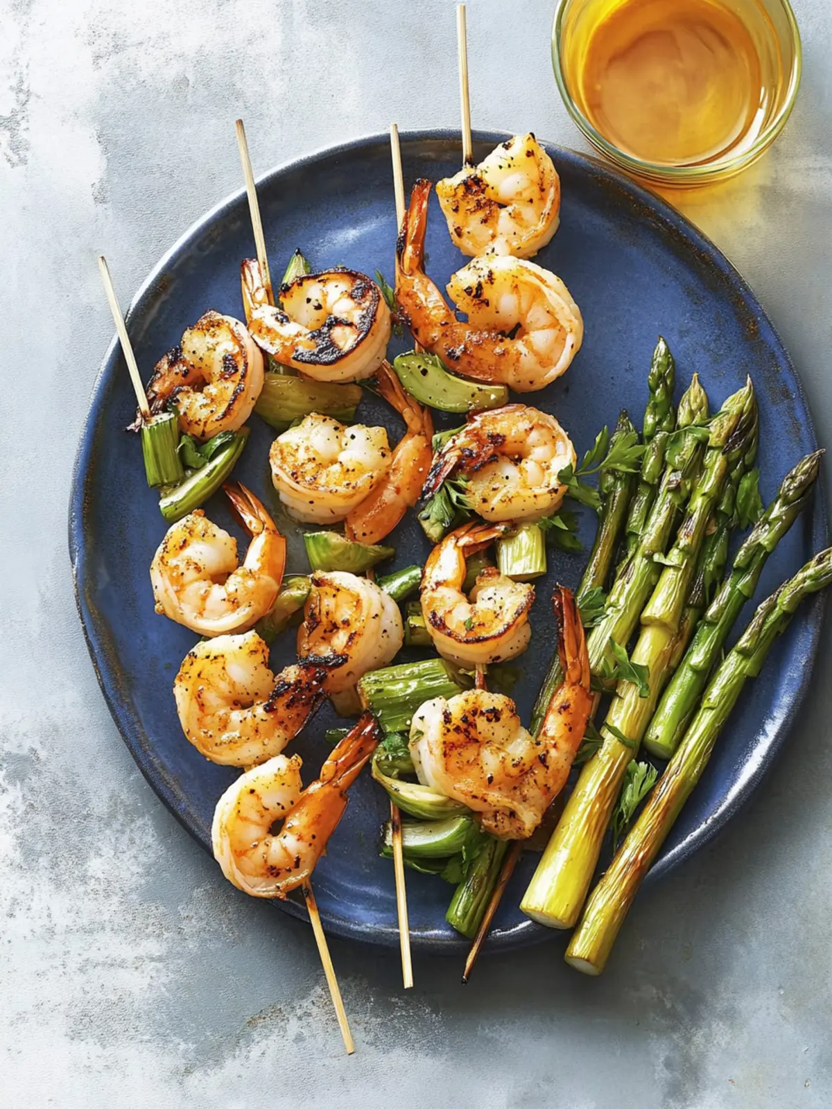 Charred Shrimp, Leek and Asparagus Skewers with Zesty Sauce 3 Charred Shrimp, Leek and Asparagus Skewers