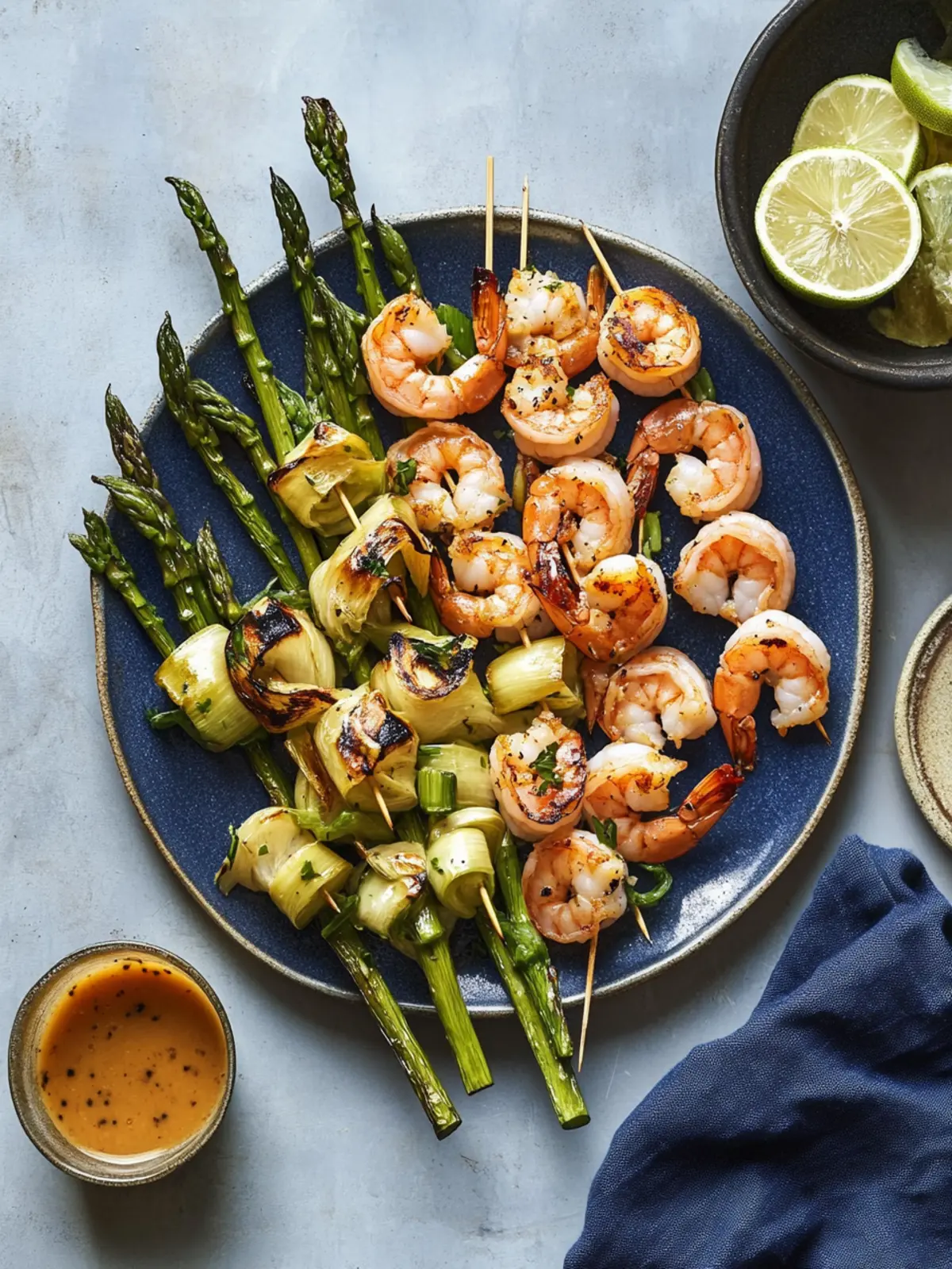 Charred Shrimp, Leek and Asparagus Skewers with Zesty Sauce 5 Charred Shrimp, Leek and Asparagus Skewers
