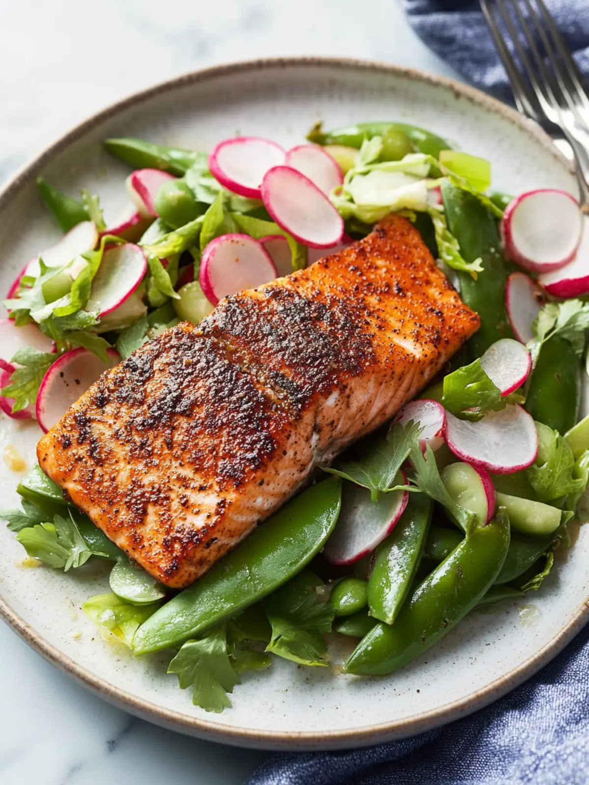 Roasted Blackened Salmon with Snap Pea Salad in 20 Minutes 4 Roasted Blackened Salmon with Snap Pea Salad