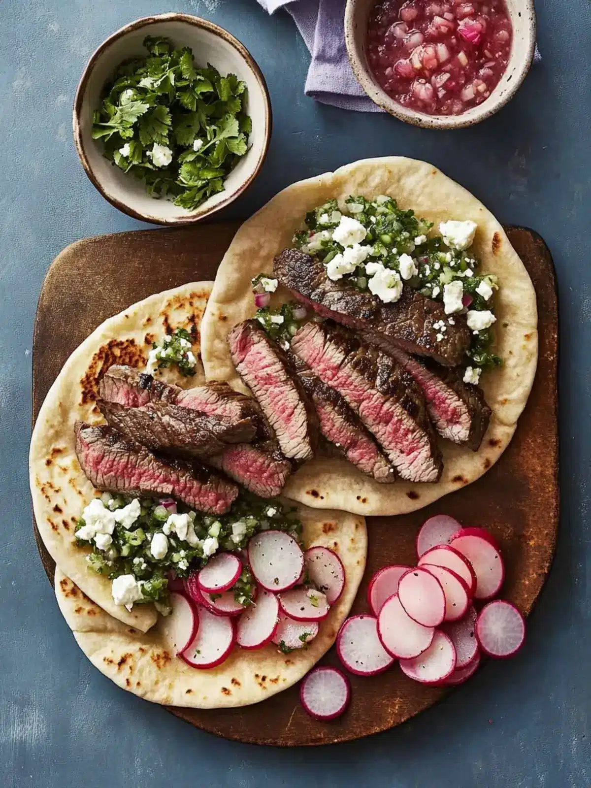 Steak and Roasted Radish Pitas with Feta Salsa Bliss 2 Steak and Roasted Radish Pitas with Feta Salsa