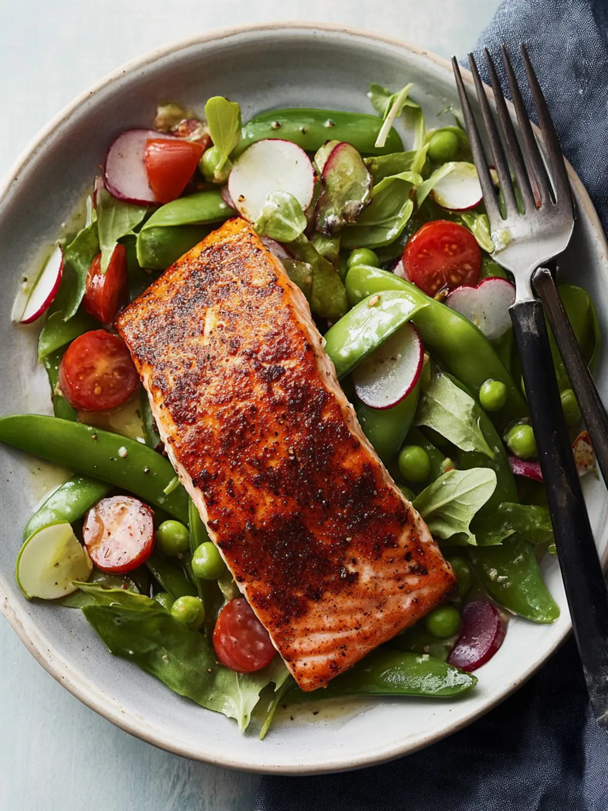 Roasted Blackened Salmon with Snap Pea Salad in 20 Minutes 5 Roasted Blackened Salmon with Snap Pea Salad