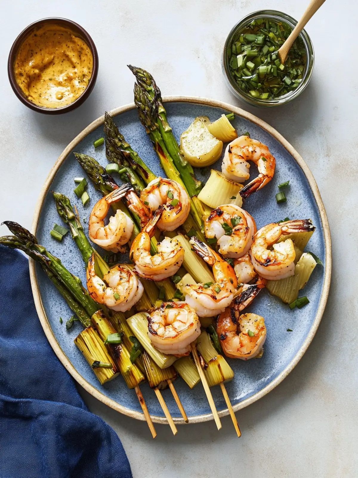 Charred Shrimp, Leek and Asparagus Skewers with Zesty Sauce 4 Charred Shrimp, Leek and Asparagus Skewers