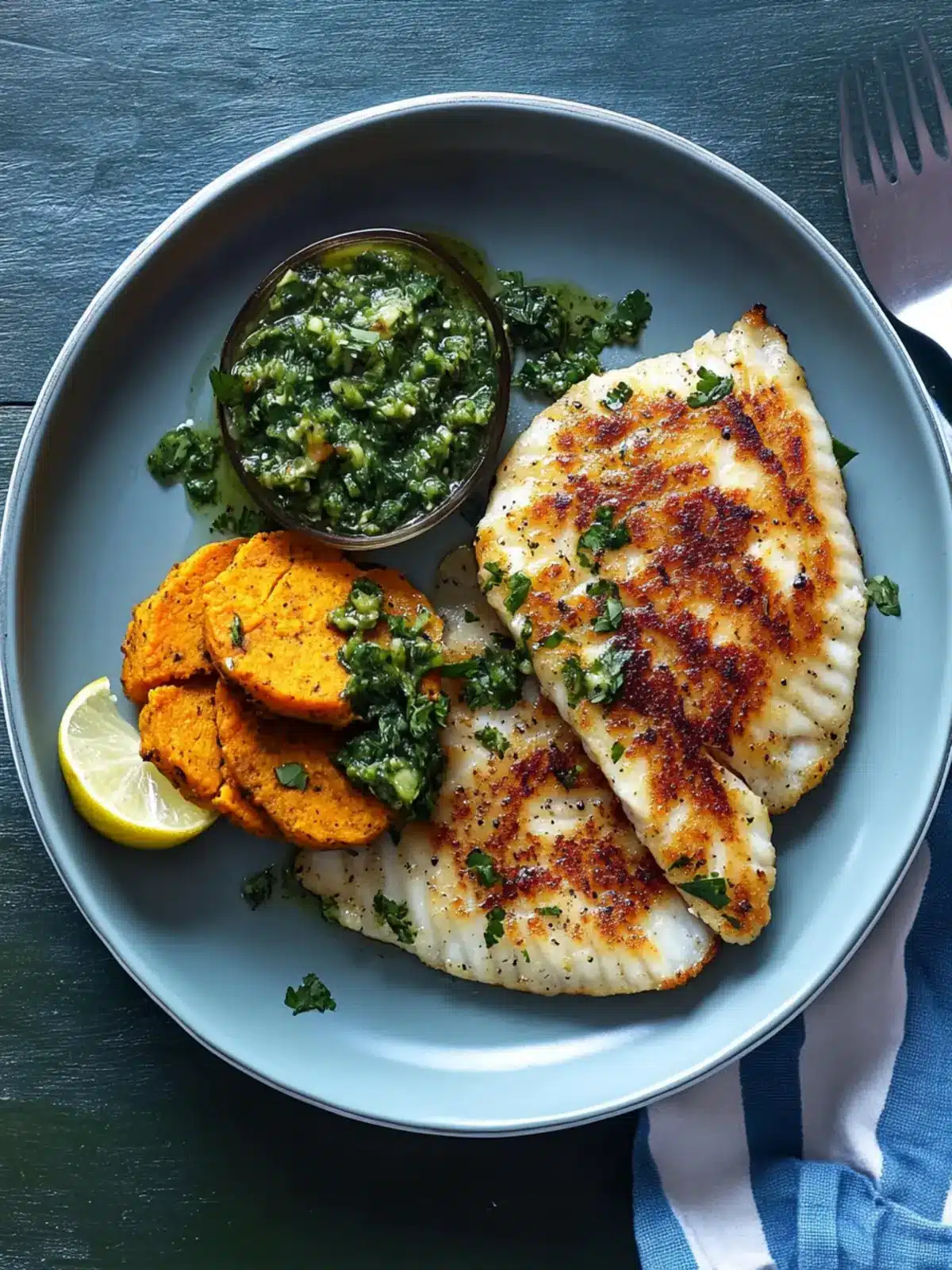 Tilapia with Sweet Potato Cakes and Zesty Chimichurri Delight 2 Tilapia with Sweet Potato Cakes and Chimichurri