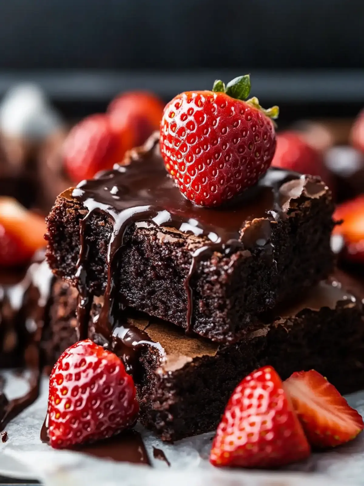 Indulge in Fudgy Chocolate Brownies with Strawberries and Ganache 3 Fudgy Chocolate Brownies with Strawberries and Ganache