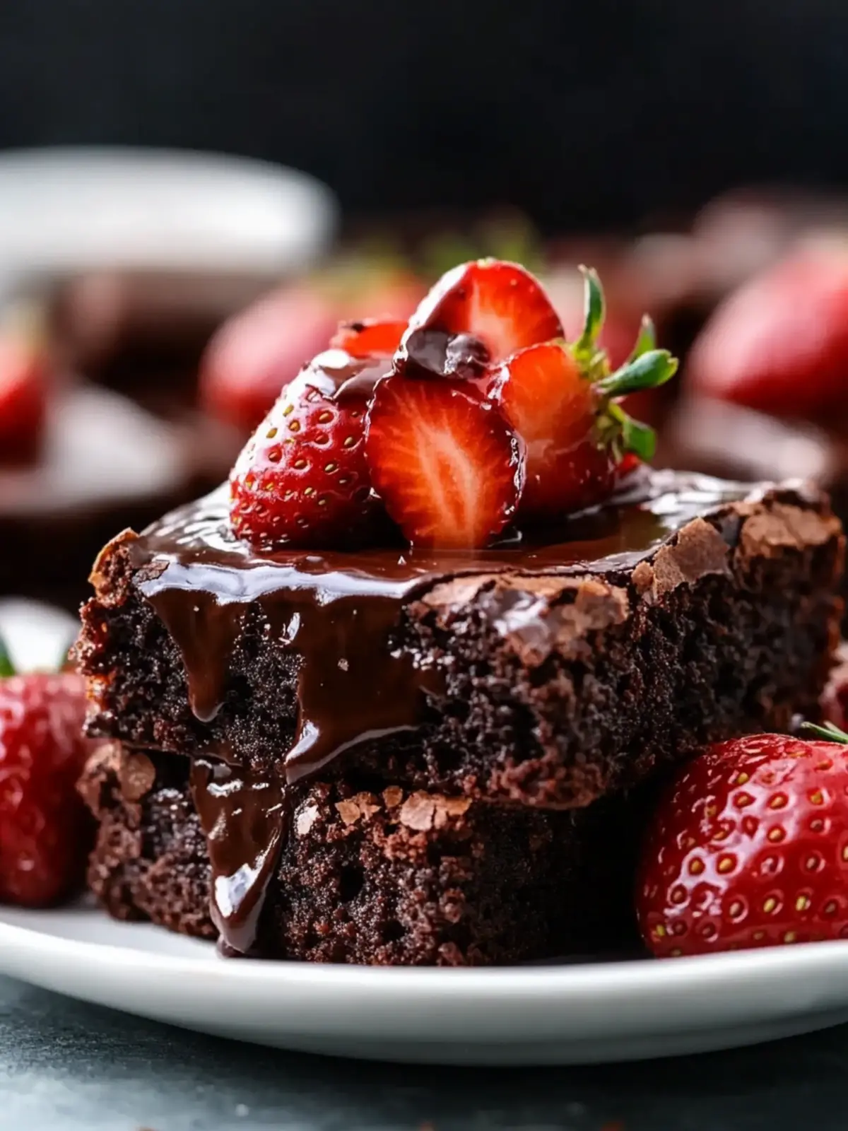 Indulge in Fudgy Chocolate Brownies with Strawberries and Ganache 2 Fudgy Chocolate Brownies with Strawberries and Ganache